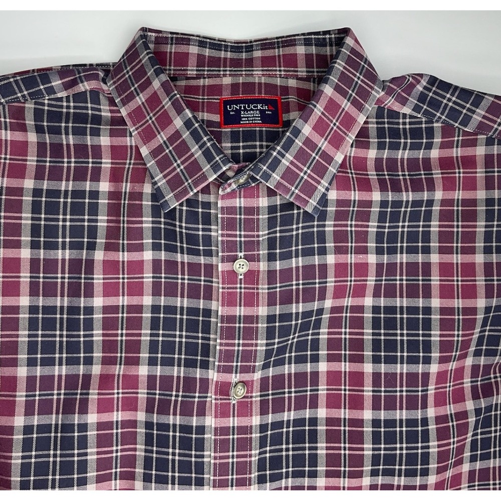 UNTUCKit Mens XL Wrinkle Free Plaid Button Down Shirt Burgundy Navy Blue White